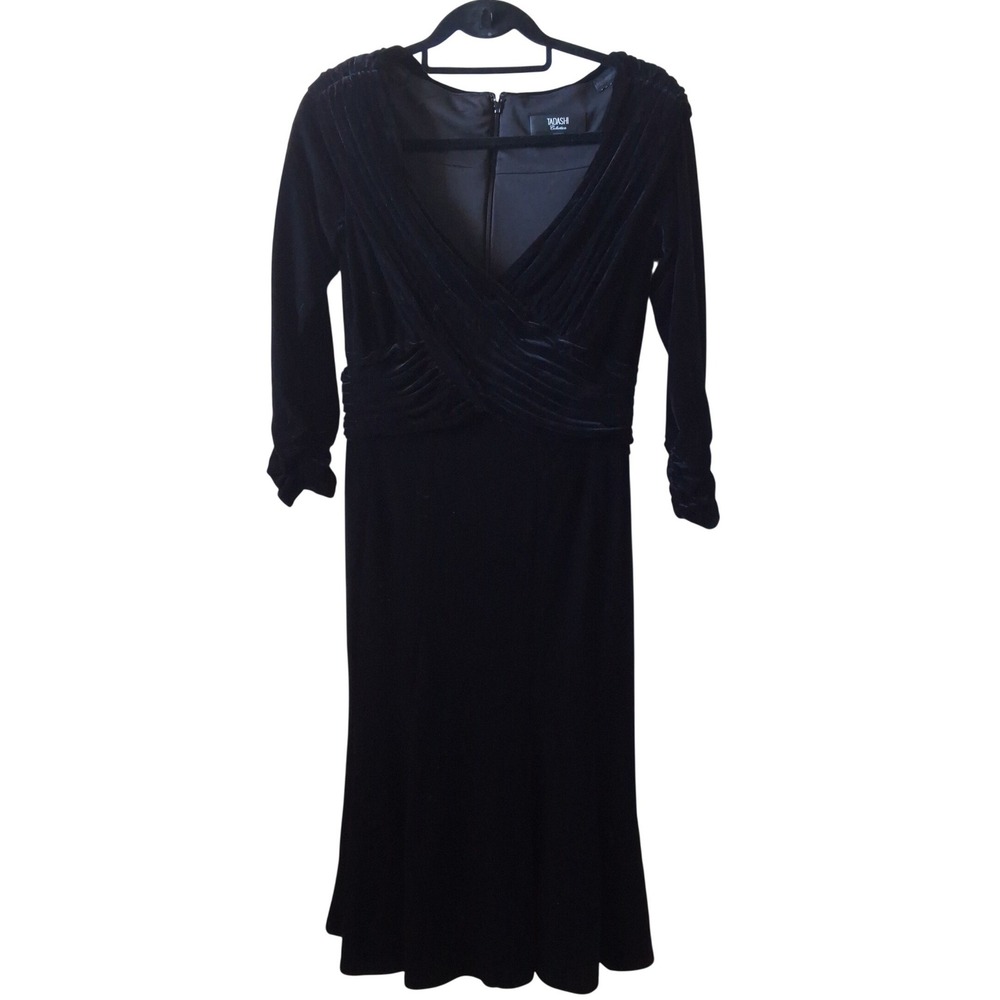 Tadashi Collection M Velvet Pleated V-Neck Midi Dress Cocktail Formal Holiday